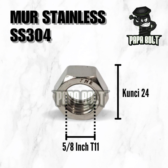 5/8" Stainless Steel 304 Hexagon Nut Key 24 T11 / Silver Nut
