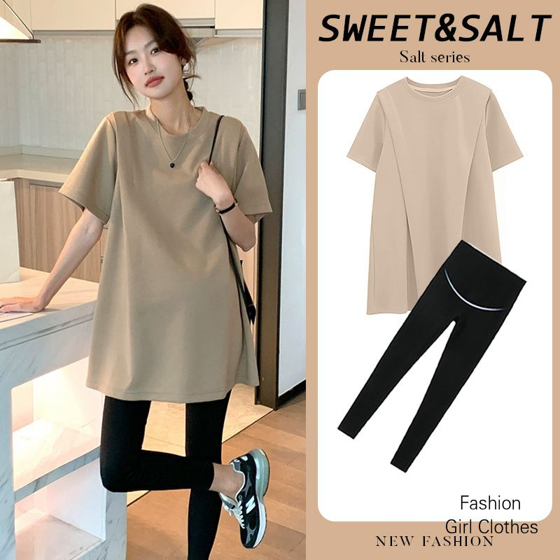 ชุดคลุมท้องแฟชั่นหลวมคลอดบุตรด้านบน + เลกกิ้ง การตั้งครรภ์สบายๆการตั้งครรภ์ชุดสองชิ้น