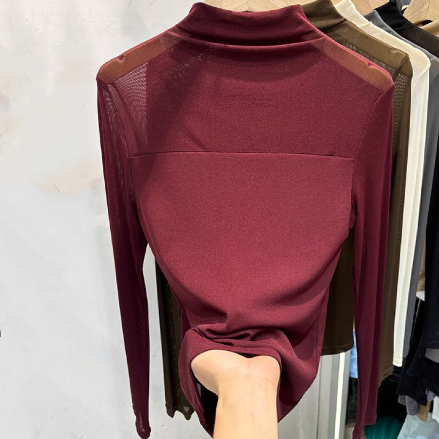 Bh Autumn Winter เสื้อยืดแขนยาวผ้าโปร่งคอสูงครึ่งตัวของผู้หญิงบางเข้ารูปภายในพร้อมเสื้อเชิ้ตฐาน