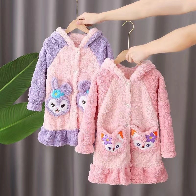 Girls 'ขนแกะเรียงรายหนา homewear เสื้อคลุมอาบน้ำชุดนอนเด็ก g irls' ขนแกะปะการังฤดูใบไม้ร่วงชุดนอน
