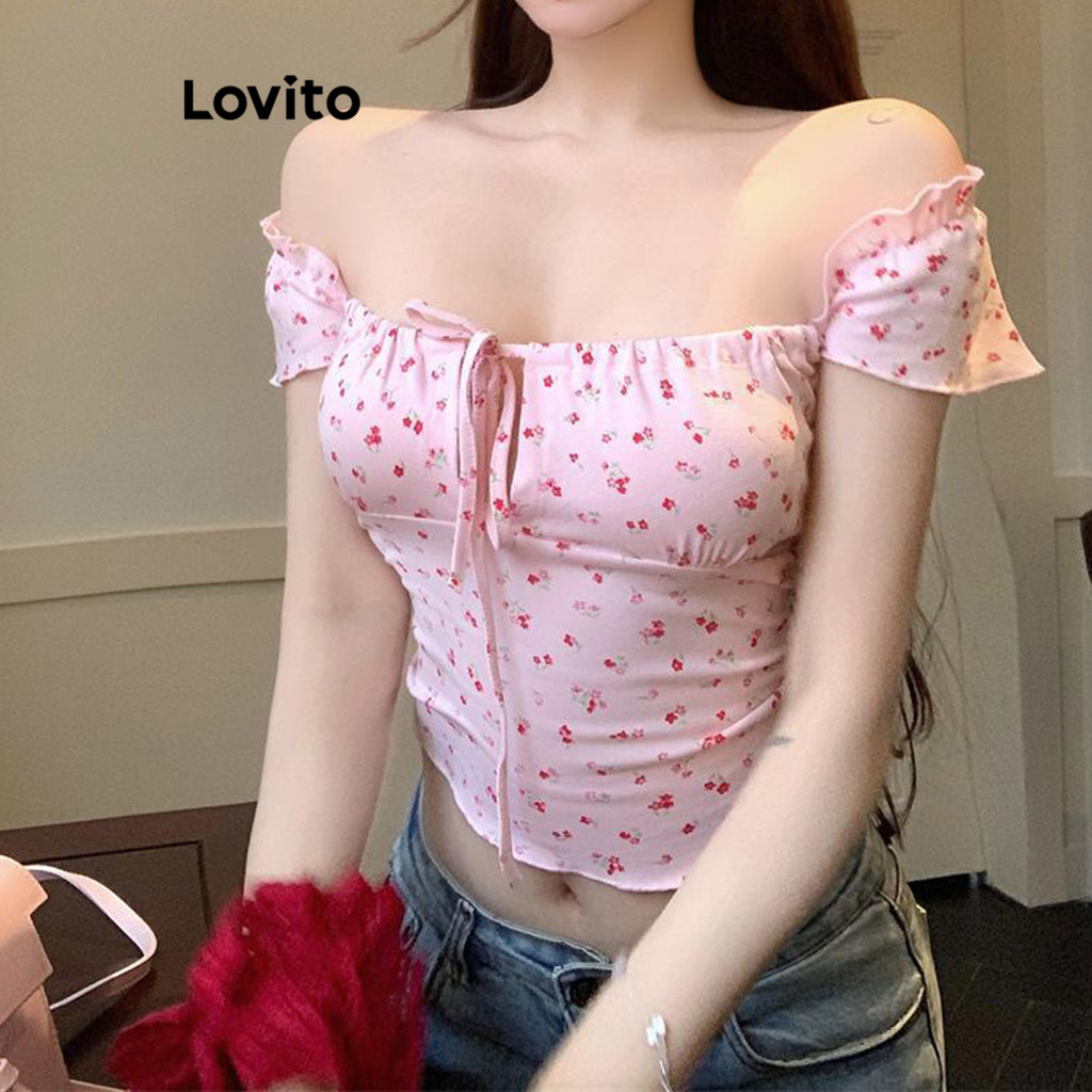 Lovito เสื้อเปิดไหล่ผู้หญิง แบบผูกหน้า ลายดอกไม้ สไตล์ลำลอง LNA66284