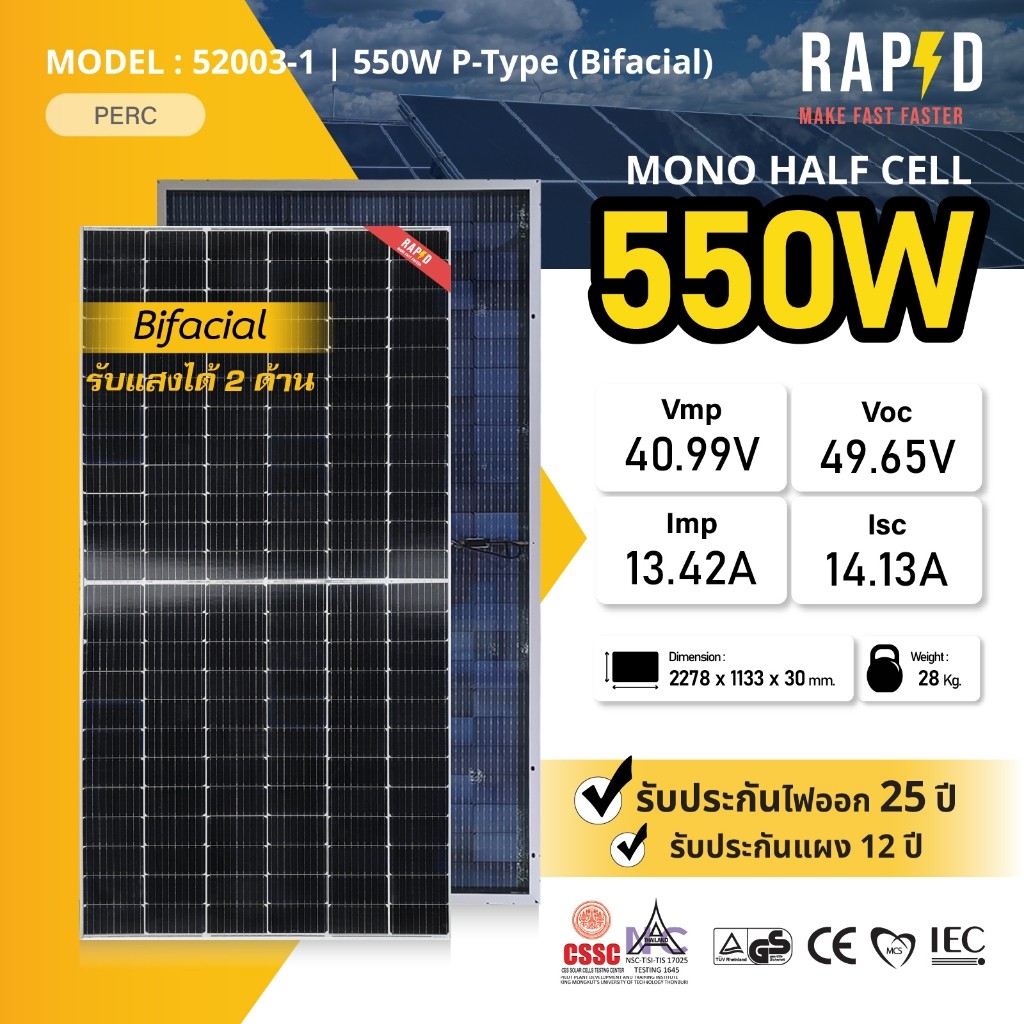 แผงโซล่าเซลล์ 600W Mono Half cell Bifacial (มีรับประกัน) รับแสง 2 ด้าน