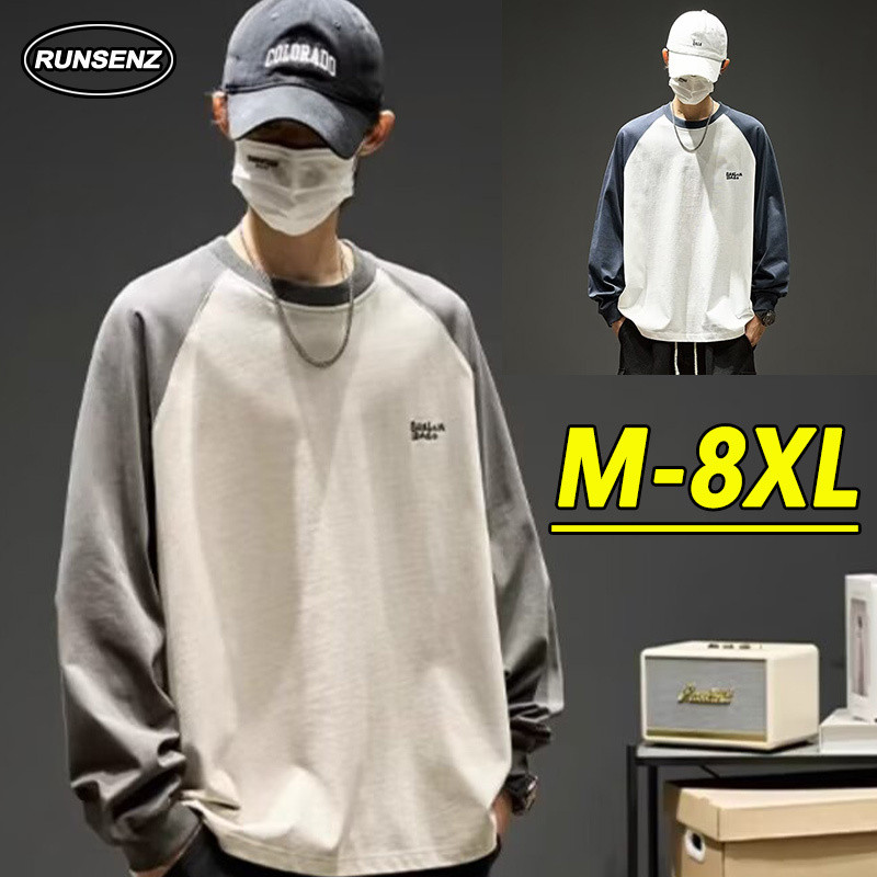 ม-8เอ็กแอล เกาหลีอินเทรนด์สีบล็อกเสื้อกันหนาวผู้ชายสบายๆหลวมแขนยาวขนาดบวกด้านบน