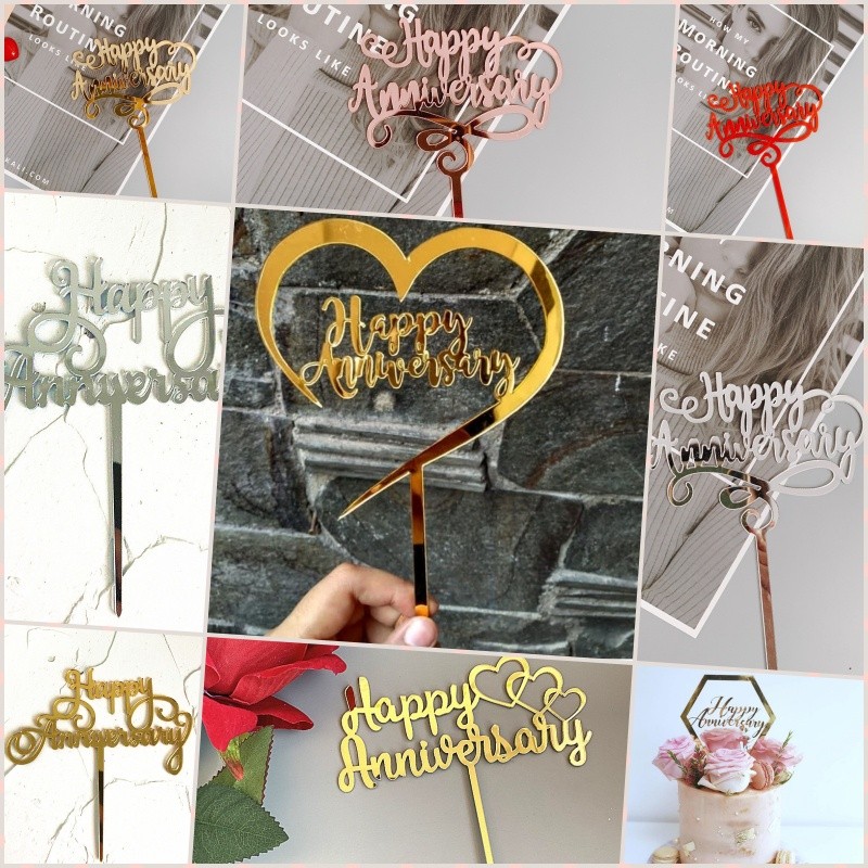 ป้ายปักเค้ก Happy Anniversary ป้ายแต่งเค้ก ป้ายอะคริลิค = 🇹🇭🚚พร้อมส่งในไทย🚚🇹🇭
