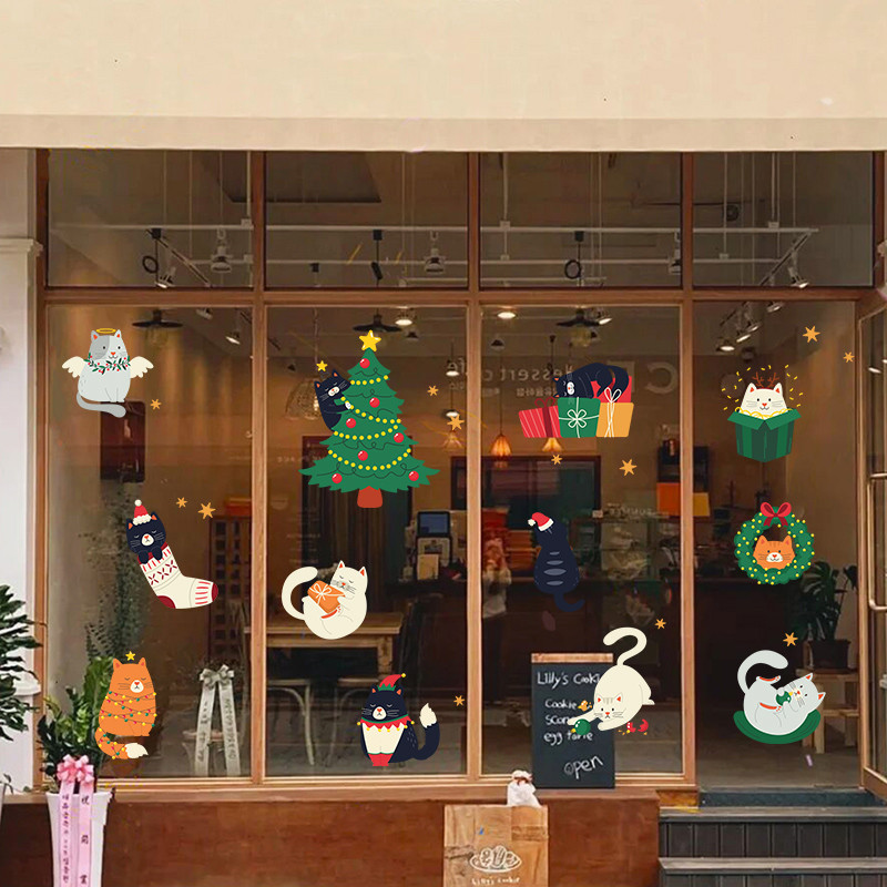 2025 สัตว์เลี้ยง ร้านค้า ตกแต่งคริสต์มาสร้านค้าสติกเกอร์ประตูกระจกบ้านระเบียงหน้าต่างตกแต่งการ์ตูนคริสต์มาสแมวสติกเกอร์