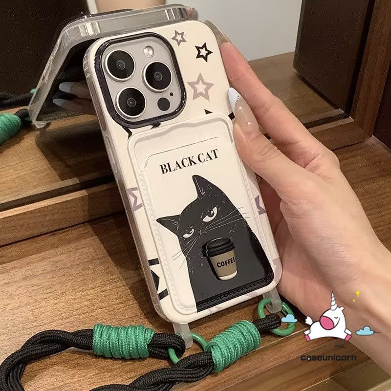 การ์ตูนตลกลูกแมวน่ารักสีดํา Cool Cat สําหรับ IPhone 11 12 16 13 15 14 Pro Max 7Plus XR 7 6s 16 8 15 6 Plus X XS Max SE2020 Luxury กระเป๋าสตางค์ช่องใส่การ์ดกรณีนุ่ม