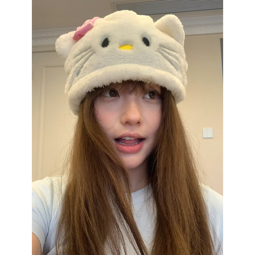 Hello kitty Plush Hat Vitality ฤดูใบไม้ร่วงฤดูหนาวสีขาว Hello kitty สาวหัวใจหมวกป้องกันหูการ์ตูนหวานญี่ปุ่น
