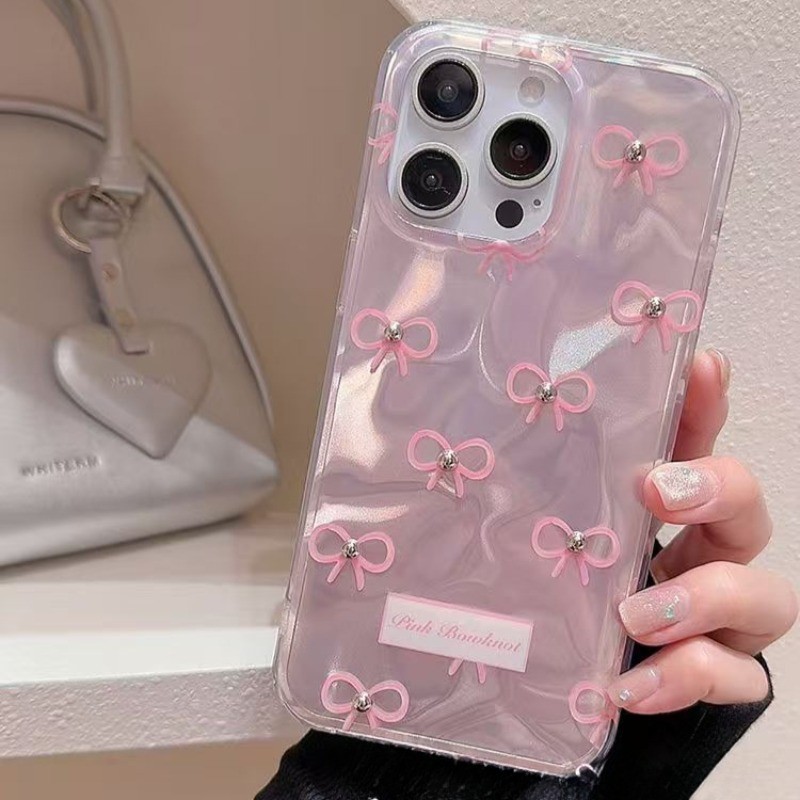 แฟชั่นรูปแบบธนูมุกสีชมพูสวย ระลอกคลื่นความ เคสIPhone 11 16 15 13 14 12 Pro Max 14 8 7 16 15 Plus X XR XS Max SE 2022