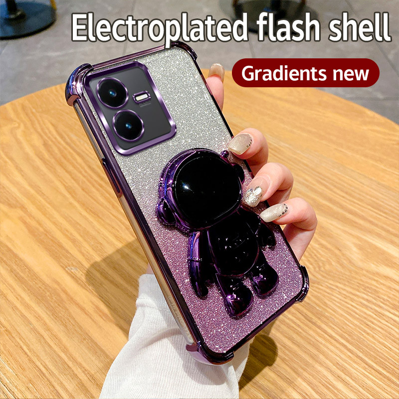 หรูหราglitterมุมกันชนนักบินอวกาศผู้ถือanti-droppingซิลิโคนเคสโทรศัพท์สําหรับvivo Y22 2022 Y22t Y35 Y35 Plus Y27 2023 ปกหลังสีฟ้าสีม่วงสีขาวหญิงสาวเปลือกโทรศัพท์