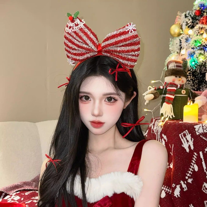 คริสต์มาสสีแดงโบว์ประดับด้วยเลื่อมคาดศีรษะฤดูใบไม้ร่วงและฤดูหนาวหวานและน่ารักเกล็ดหิมะสนกรวยคาดศีรษะภาพปีใหม่อุปกรณ์ผม