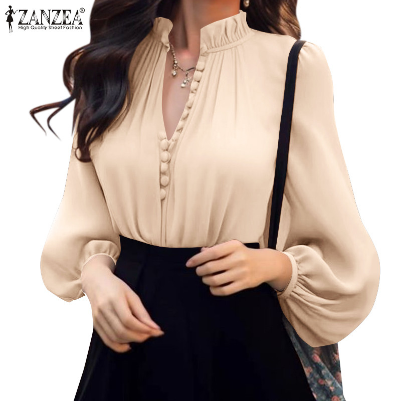 Zanzea Celmia เสื้อเบลาส์แขนโคมไฟแข็งคอวีหรูหราสําหรับผู้หญิง