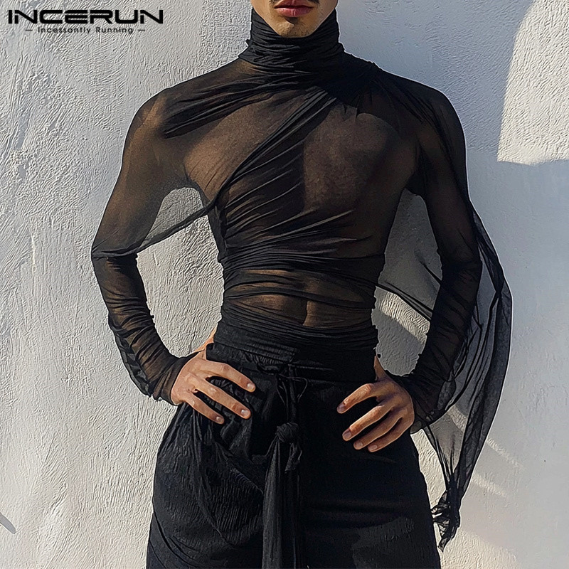 Incerun เสื้อยืดแขนยาวซีทรูแฟชั่นวินเทจสําหรับผู้ชาย Presale