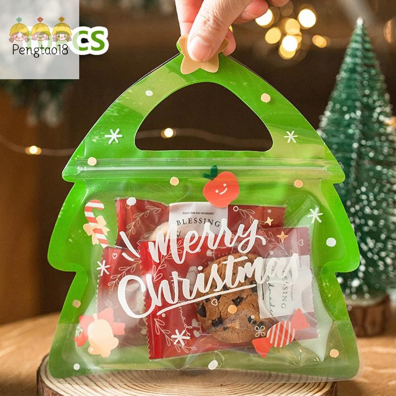 Pengtao18 10pcs กระเป๋าของขวัญคริสต์มาสสําหรับ Candy ช็อกโกแลตคุกกี้ Nougat บิสกิตบรรจุของขวัญ Tree Santa กระเป๋าซิป COD