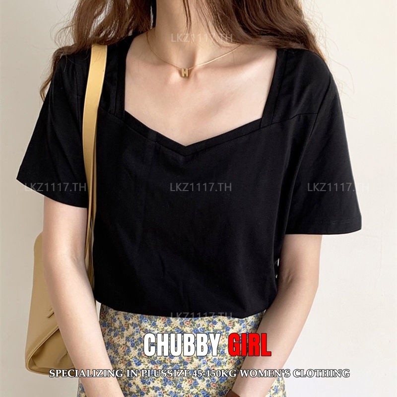 Plus size เสื้อผ้าสาวอวบ เสื้อยืดสาวอวบอ้วน ไซส์ใหญ่ ผู้หญิง เสื้อยืดสีพื้น ทรงหลวม แขนสั้น คอเหลี่ยม ฤดูร้อน สไตล์เกาหลีแฟชั่น