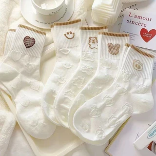 พร้อมส่ง : ถุงเท้า ข้อกลาง ขาวขอบบราวน์ 5 คู่ ลายมินิมอล แฟชั่น ลายน่ารักเนื้อผ้านุ่ม