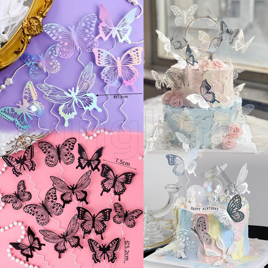 12ชิ้นพีวีซีผีเสื้อสีดําและสีขาวตกแต่งเค้กวันเกิดวันแม่ ที บน ปลั๊กแต่งงานยินดี