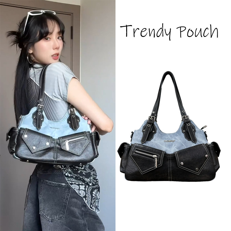 TRENDY POUCH กระเป๋าใต้วงแขนแฟชั่นสตรีย้อนยุคความคมชัดผ้ายีนส์ประกบกระเป๋าโท้ท