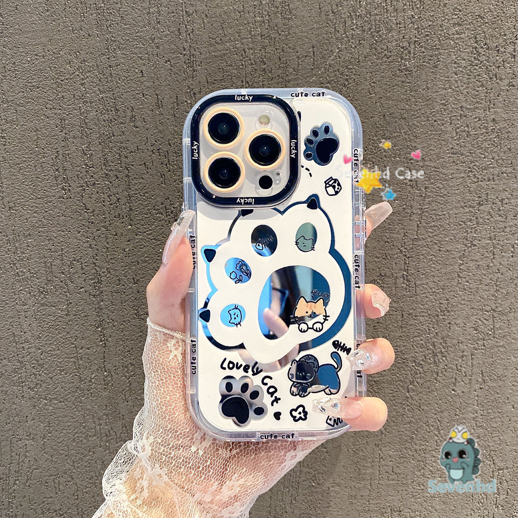 แมวน่ารัก Pawเคสโทรศัพท์สําหรับiPhone 11 16 13 14 15 12 Pro Max 7 8 6 Plus X XR Xs MaxกระจกหรูหราGlossy Insเกาหลีปลอกซิลิโคนอ่อนนุ่มTPUขอบWaveกันชนป้องกันปกหลัง