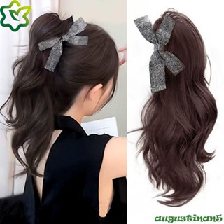 ออกัสติน ยาวหยักหยิกผมหางม้า,ต่อผมสังเคราะห์สีดําโบว์วิกผมหา…