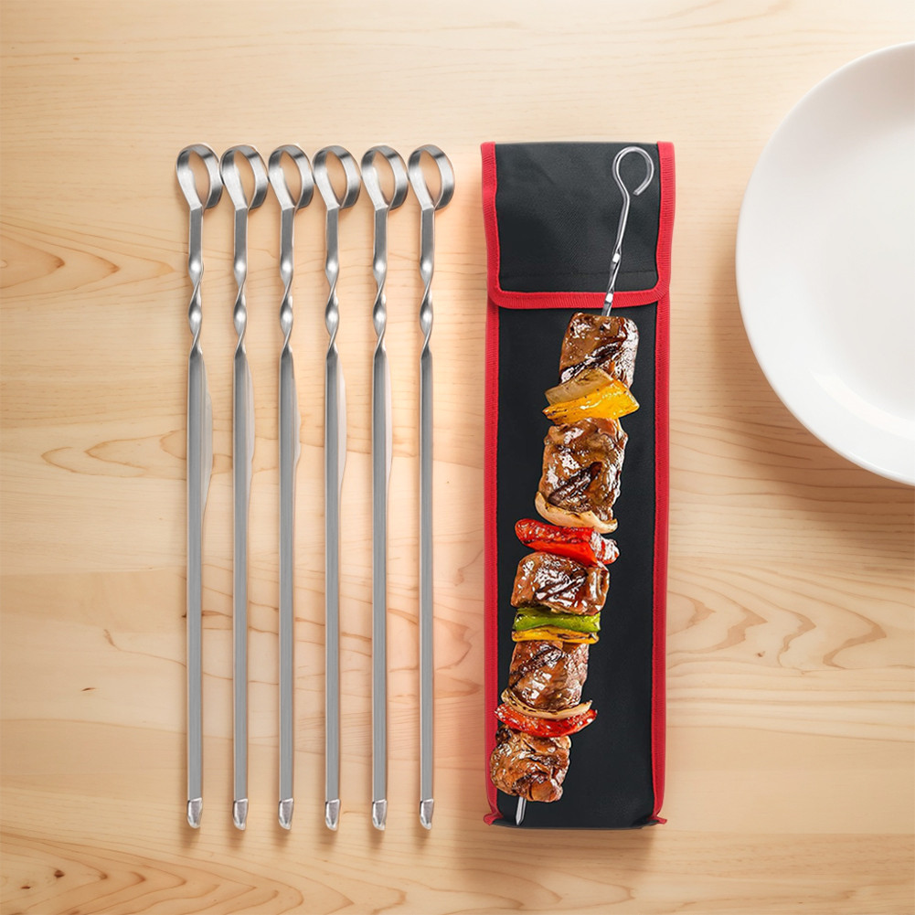 6 ชิ้น Kabob Skewers บาร์บีคิวสแตนเลสเสียบไม้แบนอุปกรณ์ครัว