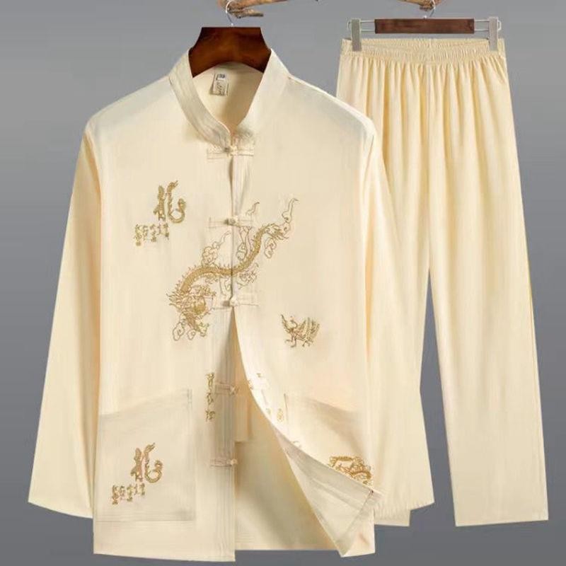 ชุด Hanfu ผู้ชายชุด Tang สไตล์จีนชุด Tang วัยกลางคนและผู้สูงอายุชุด Hanfu พ่อฤดูใบไม้ผลิและฤดูร้อนย้อนยุคแขนยาวชุดคุณปู่ชุดไทเก็กออกกำลังกายตอนเช้า & & & *