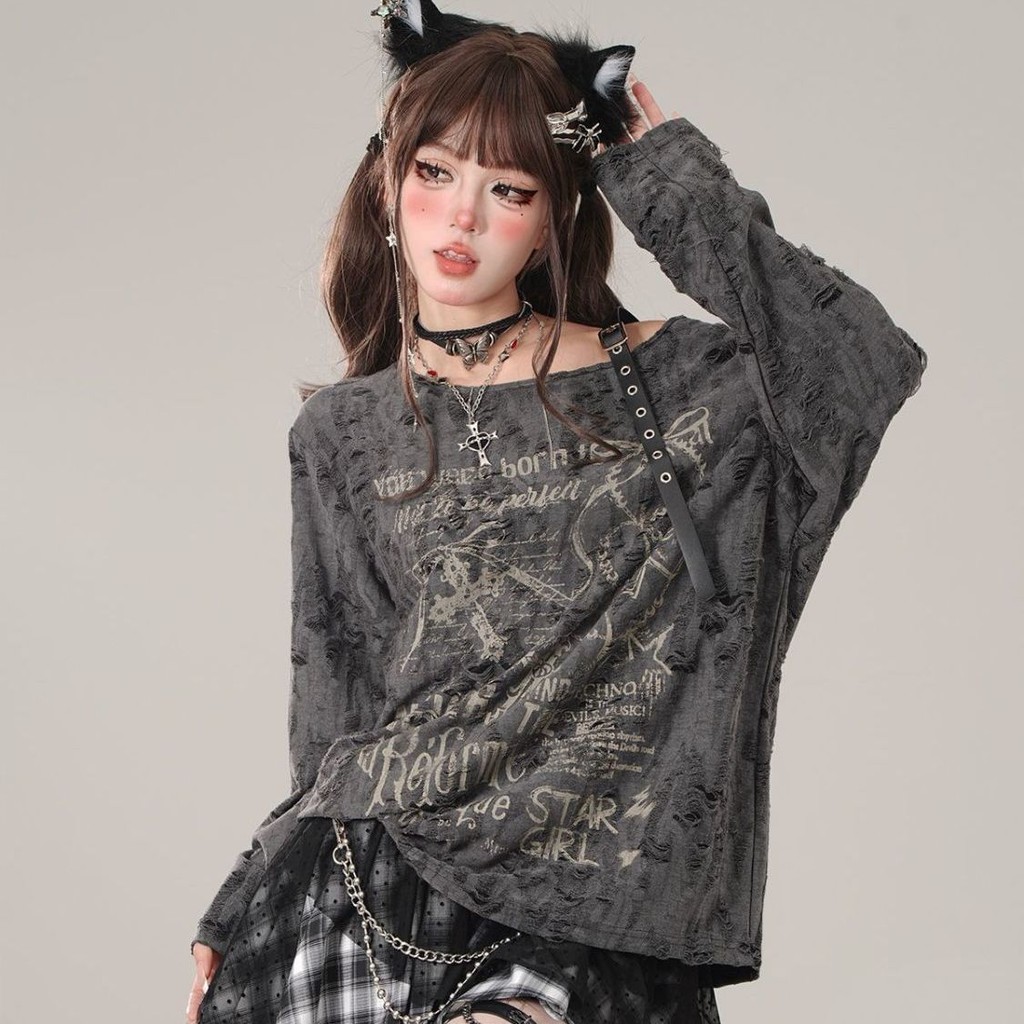 X-orange Ripped เสื้อยืดแขนยาวเวอร์ชั่นเกาหลีหลวมด้านบนฤดูใบไม้ผลิฤดูใบไม้ร่วงสไตล์ใหม่เสื้อผ้าผู้หญิงลําลอง