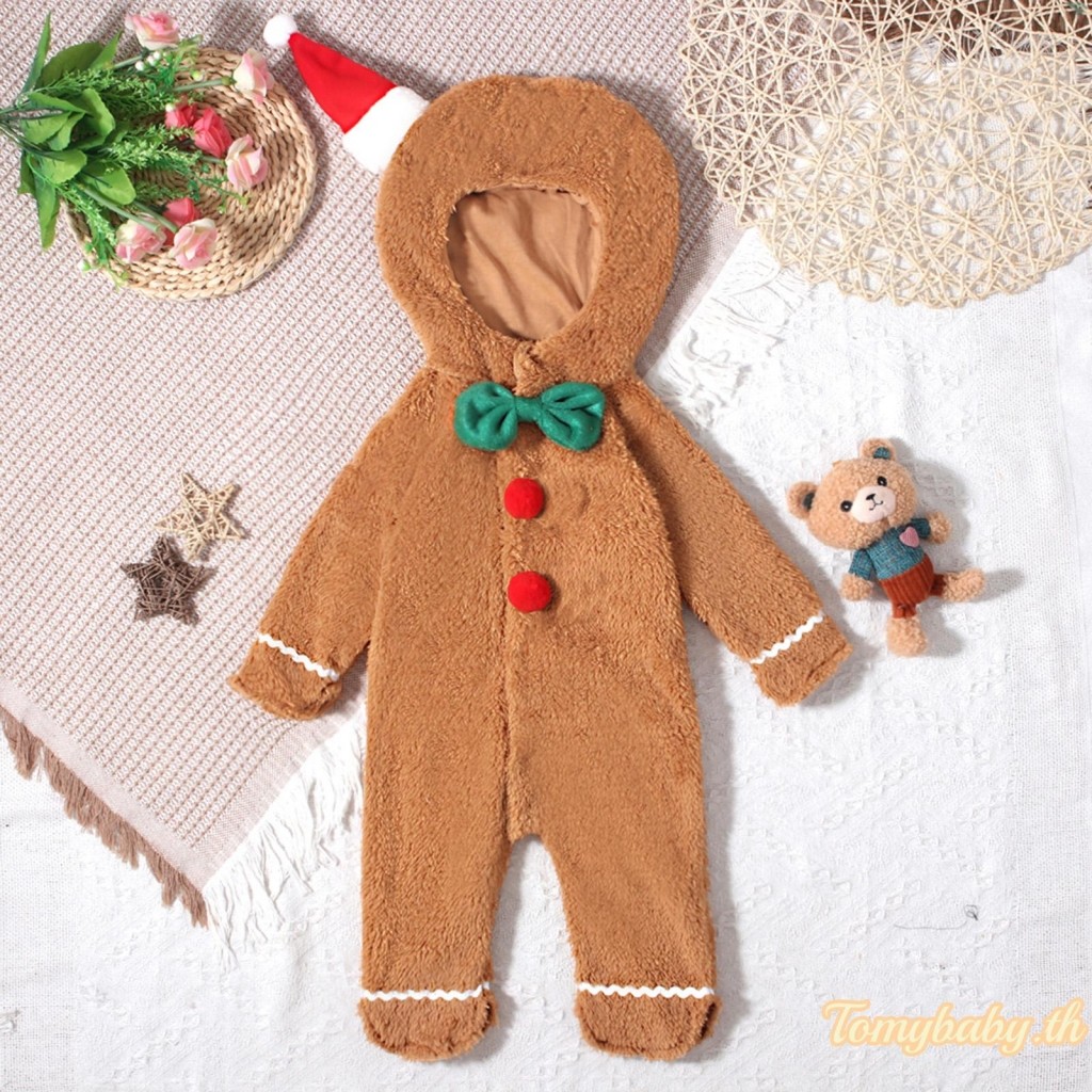 Tomybaby-baby Christmas Footed Jumpsuit แขนยาว Hooded Gingerbread Man Romper