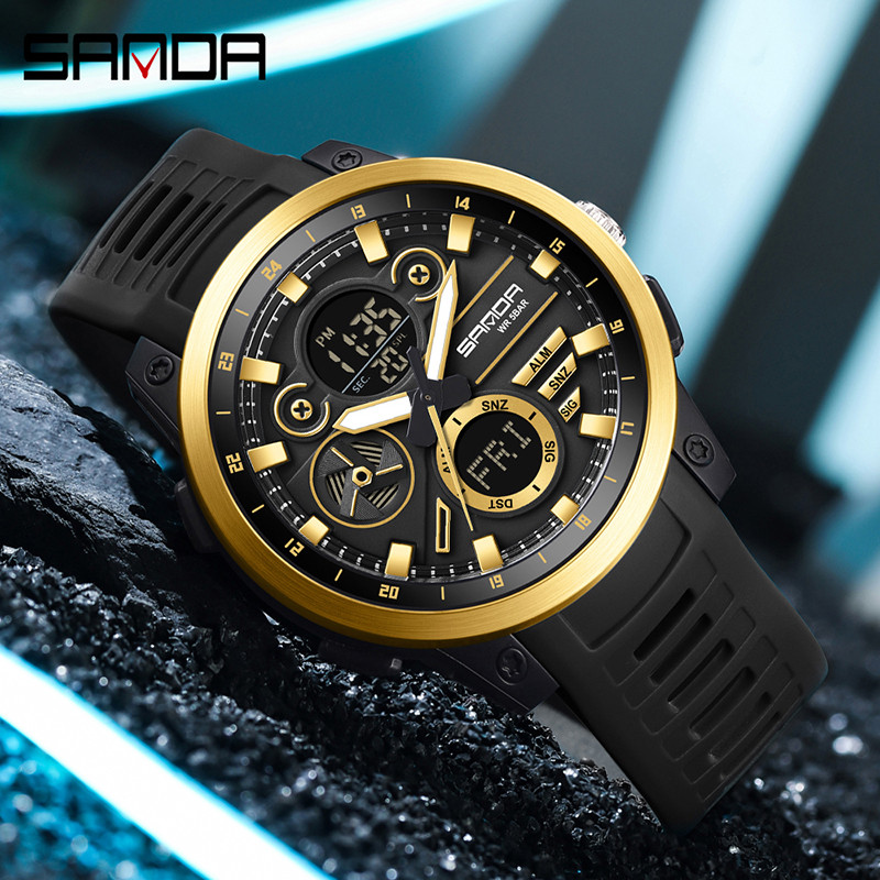 Sanda Dual Display Dial Luminous Calendar มัลติฟังก์ชั่นกลางแจ้งควอตซ์อิเล็กทรอนิกส์นาฬิกาผู้ชาย SD3379