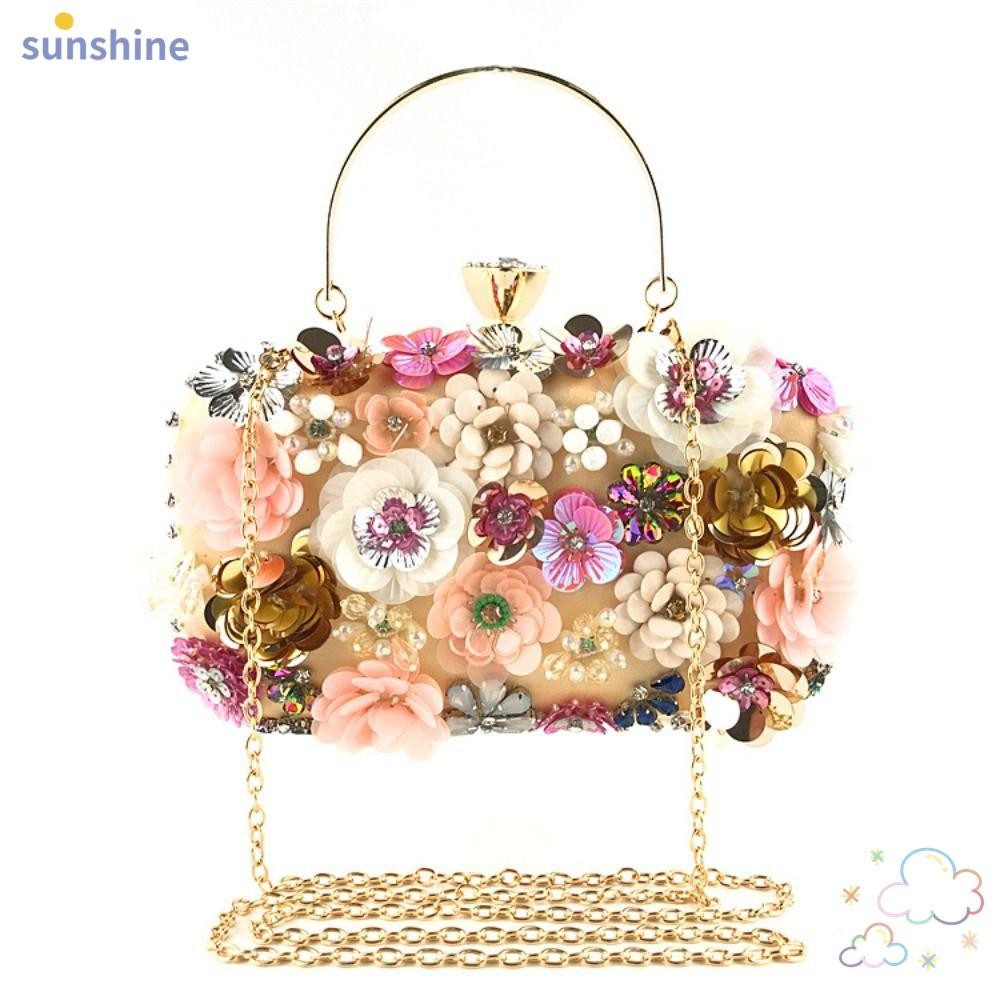 Ssunshine กระเป๋าดอกไม้, กระเป๋าคลัทช์ขนาดเล็ก Rhinestone ลูกปัด, กระเป๋าถือผู้หญิงด้ามจับโลหะกลิตเตอร์หรูหรา