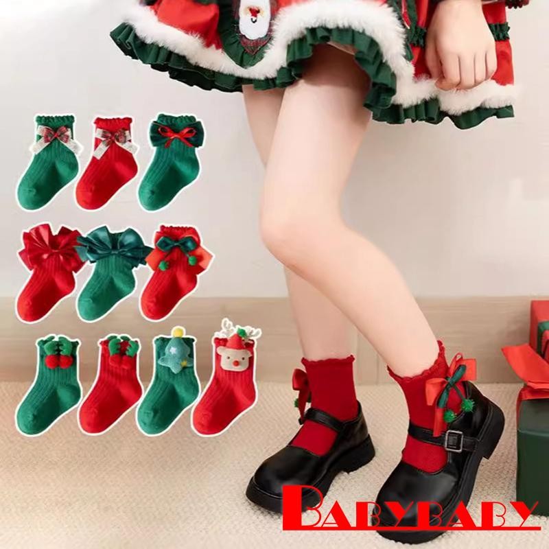 Bab-toddler Girls Christmas Cute 3D Antler Bow Tree Crew Socks
