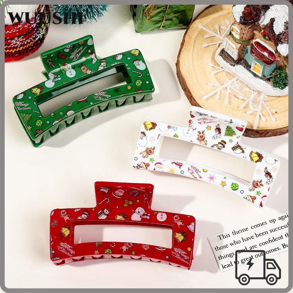Wushi กิ๊บติดผมคริสต์มาส, อะคริลิค Xmas ของขวัญ Square Hair Claw, อุปกรณ์เสริมผม Elk Christmas Tree พิมพ์ผู้หญิง Headwear