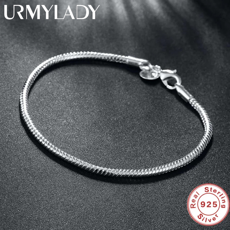 Urmylady 925 เงินสเตอร์ลิง 3 มม.งู 8 นิ้ว Basis สร้อยข้อมือสําหรับผู้หญิง Charm เครื่องประดับแฟชั่น