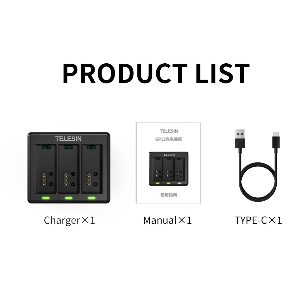 GoPro 13 Telesin 3 Channel Charger แท่นชาร์จ ที่ชาร์จ มีไฟแสดงสถานะ ประกัน 1 ปี อุปกรณ์เสริมโกโปร By Aquapro