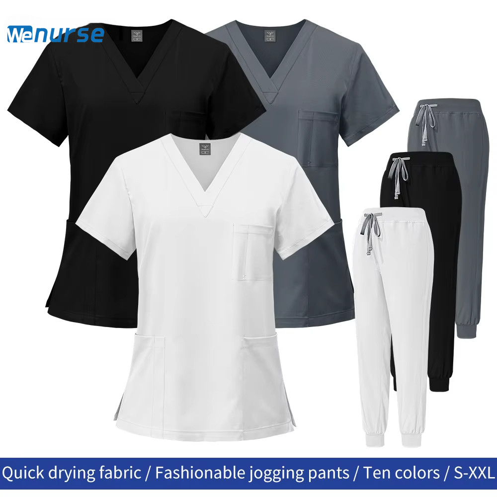 Unisex พยาบาลเครื่องแบบผู้หญิงแขนสั้น Scrubs Tops + jogger กางเกงโรงพยาบาลเครื่องแบบทางการแพทย์หลากสีผ่าตัดพยาบาลขัดชุด