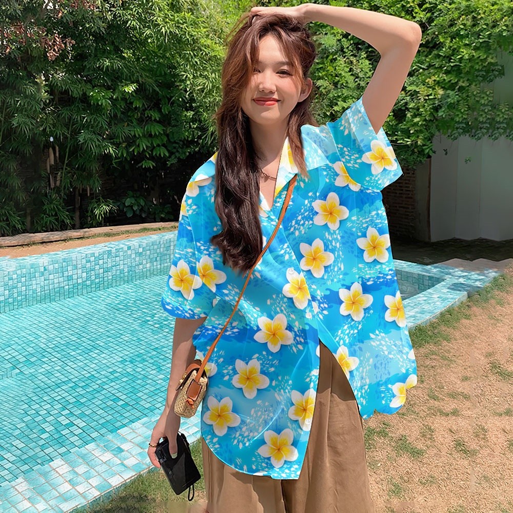 2568 Happy Water-Repellent เสื้อชีฟองเกาหลี Water-Repellent เสื้อแขนสั้นผู้หญิงฤดูร้อนดอกไม้พิมพ์ Sun Protection Robe เสื้อผ้าวันหยุดสาว Street เสื้อผ้า