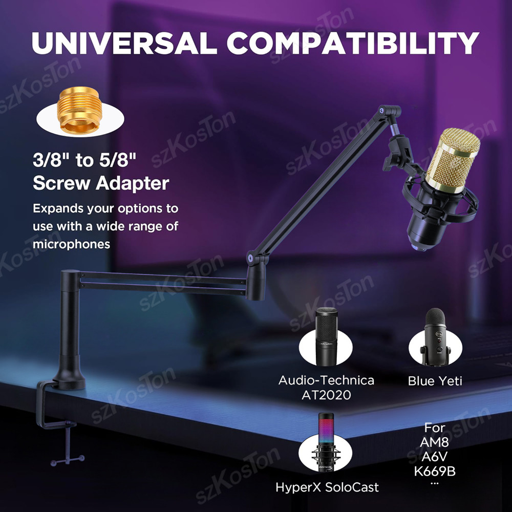 ปรับไมโครโฟน Boom Arm Extended Riser พร้อมการจัดการสายเคเบิล Low Profile Mic Arm Gaming ไมโครโฟนสําห