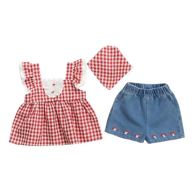 PRETTY BABY🧸พร้อมส่ง🧸 ชุดเซ็ทเด็กผู้หญิง งาน3ชิ้น เสื้อแขนกุด+กางเกงยีนส์ขาสั้น+คาดผมผ้าโพกหัว (1542)