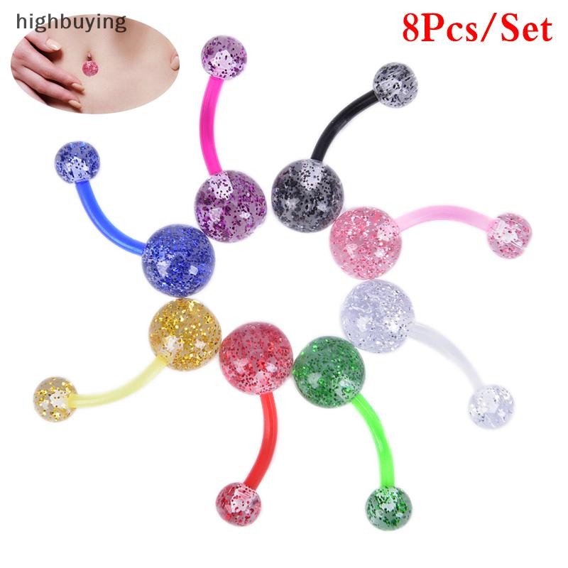 [ซื้อสูง] 8 ชิ้นผสมอะคริลิคแวววาวปุ่มท้องสะดือแหวน Barbell Body เจาะเครื่องประดับสต็อกใหม่
