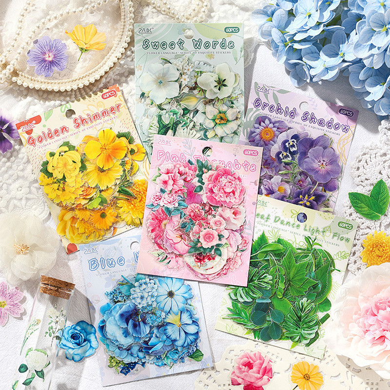 60 ชิ้นที่สวยงามสันทนาการภาษาดอกไม้ชุดสติกเกอร์ PET สมุดภาพ Deco DIY สติกเกอร์