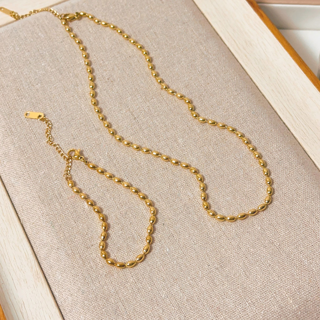 Ht ไทเทเนียมเหล็ก Golden Peas Gypsophila Transfer ลูกปัดสร้อยคอข้าวผู้ชายผู้หญิงเครื่องประดับสแตนเลส