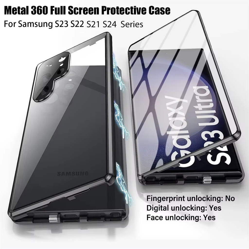 สําหรับ Samsung Galaxy S21 S22 S23 S24 FE S25 Ultra Plus โลหะเคสโทรศัพท์แม่เหล็ก 360° การป้องกันแบบเต็มหน้าจอ ความละเอียดสูง กระจกกันกระแทกฝาครอบ