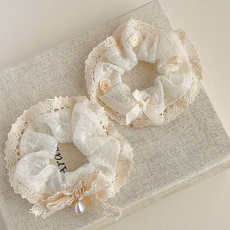 ใหม่ RR3 Retro White Lace Princess Scrunchies