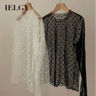 IELGY ชั้นดอกไม้เล็กๆครีมกันแดดตาข่ายลูกไม้ครึ่งคอเต่าแขนยาว…