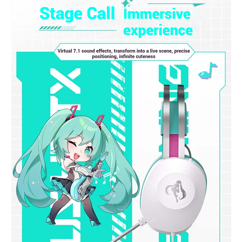 Asus TIANXUAN TX301 Hatsune Miku Co branded Headworn Virtual 7.1 Surround RGB ชุดหูฟังแบบมีสาย