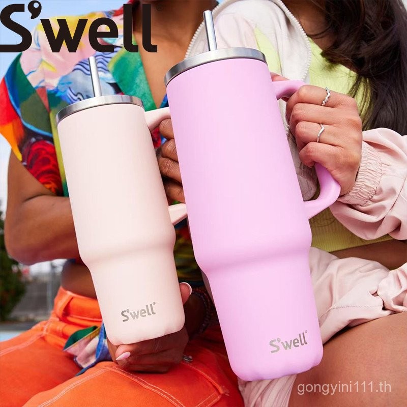 แก้วน้ำเก็บความเย็น SWELL ความจุขนาดใหญ่ ขวดน้ำสแตนเลส สีแมคคารอน สวยงาม แก้วกาแฟตั้งโต๊ะพร้อมหลอด