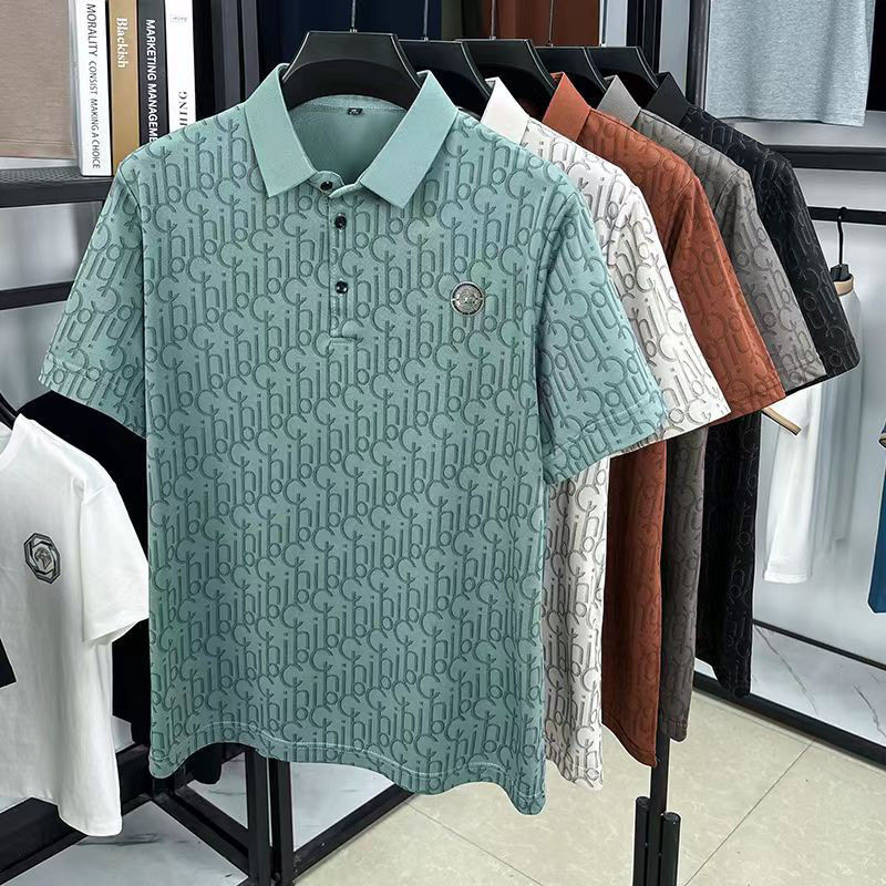 ผ้าสบายและระบายอากาศ ฤดูร้อนใหม่ผ้าไหมน้ําแข็งผู้ชายธุรกิจไม่รีดผ้าปกแขนสั้นเสื้อยืด