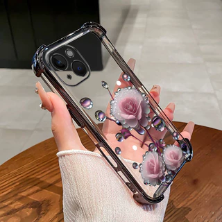 เคสสําหรับiPhone 13 14 pro max 14 plus 13 Mimiเคสโทรศัพท์สีชมพูดอกตูมสี่มุมซิลิโคนTPUโปร่งใสSoft shell ﻿ดีซ
