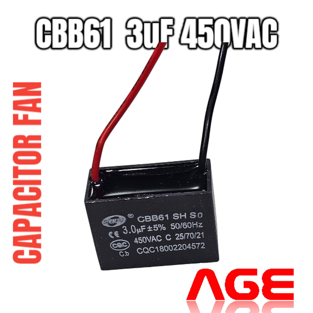 คาปาซิเตอร์ พัดลม CBB61 3UF 450VAC แบบมีสาย SENJU