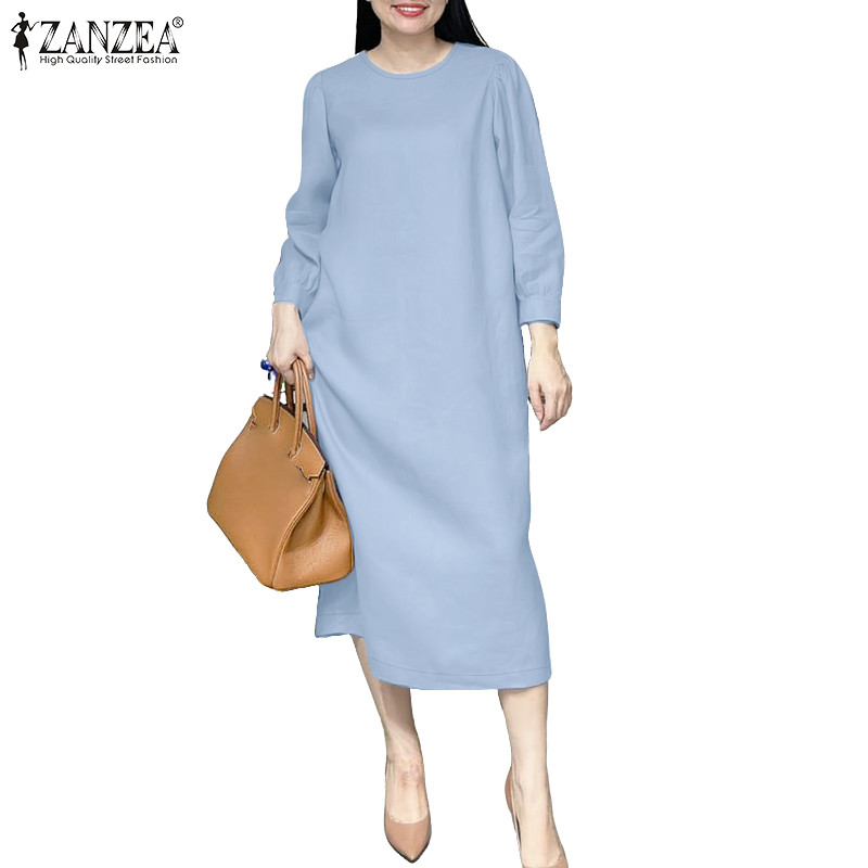 ZANZEA ซานเซีย ผู้หญิงเกาหลีลําลองแข็งแขนยาว โอ-คอชุดยาวหลวม