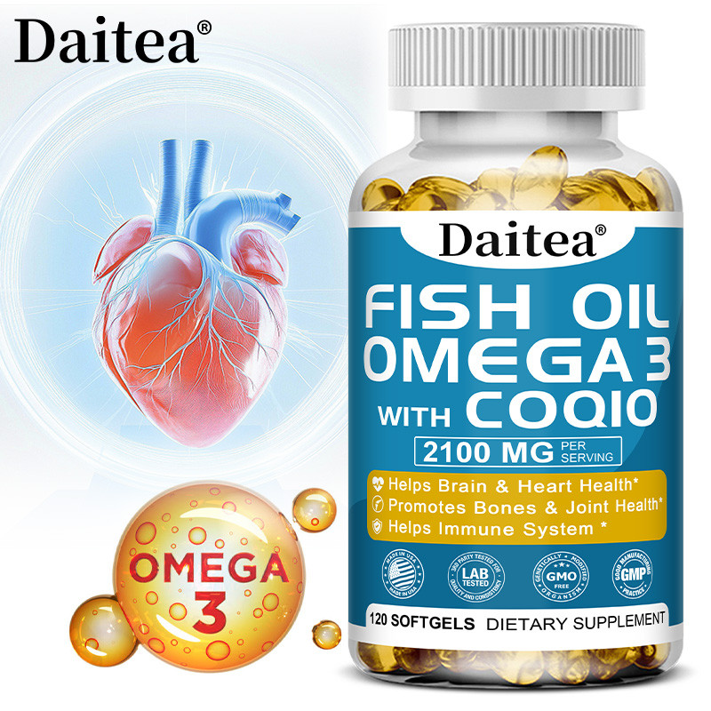 น้ํามันปลา Daitea Omega3 พร้อมอาหารเสริม Coqio-อาหารเสริมน้ํามันปลาออลอินวัน-รองรับหัวใจ สมอง ข้อต่อ และสุขภาพภูมิคุ้มกัน